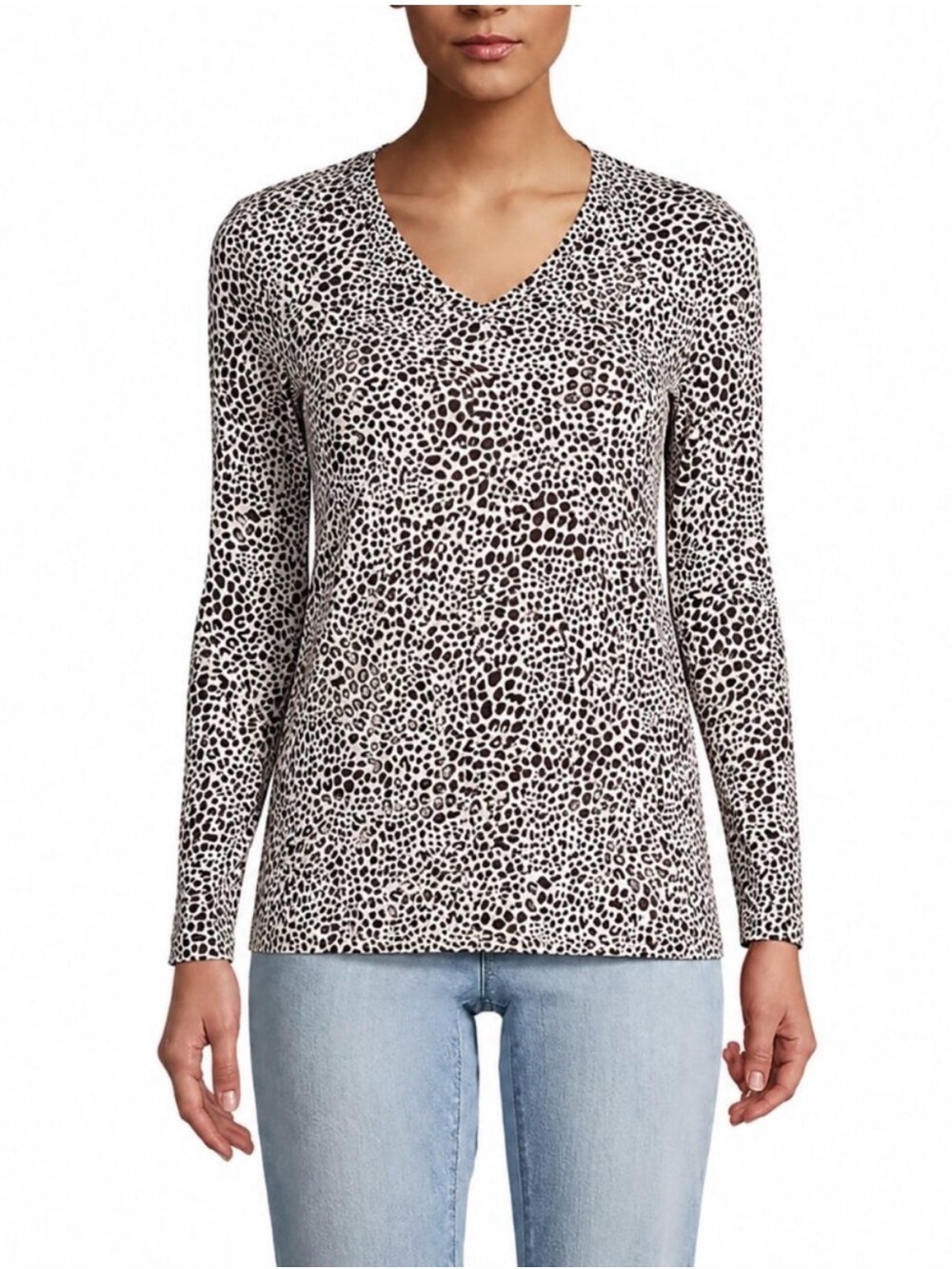 Lands' End L/S Giraffe Print V-NeckTop - Brown & White